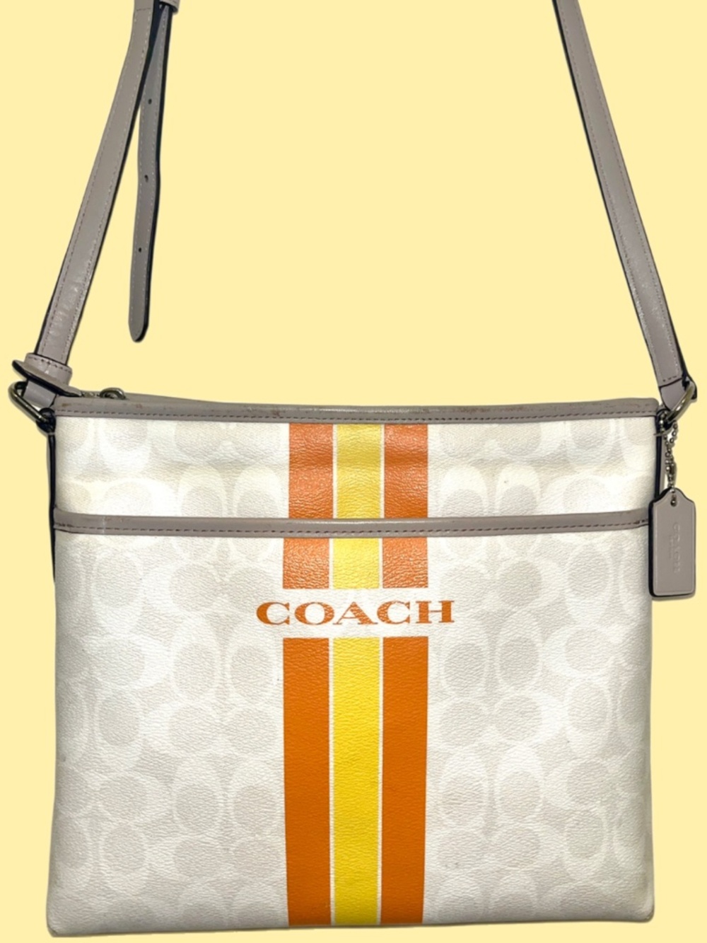 Coach Varsity Stripe File Bag Crossbody Signature Canvas Chalk Orange Yellow